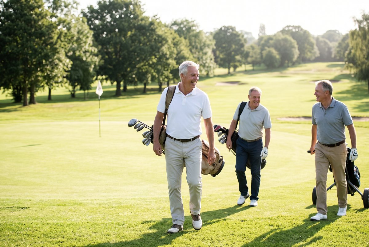 A man in his sixties laughing with friends as he walks off a golf green