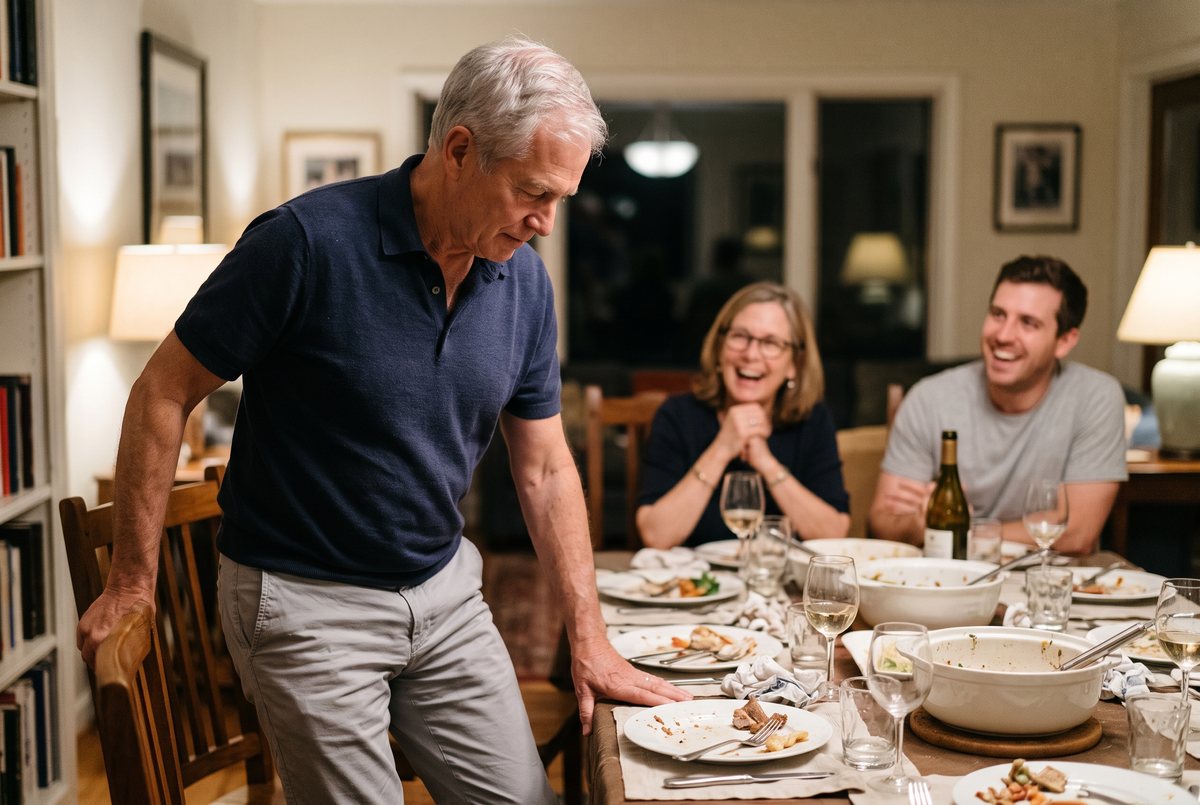 A man in his sixties standing up from a family dinner table
